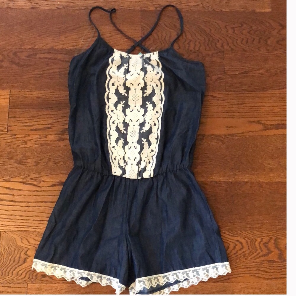 NWT beautiful Maurice jean and lace romper